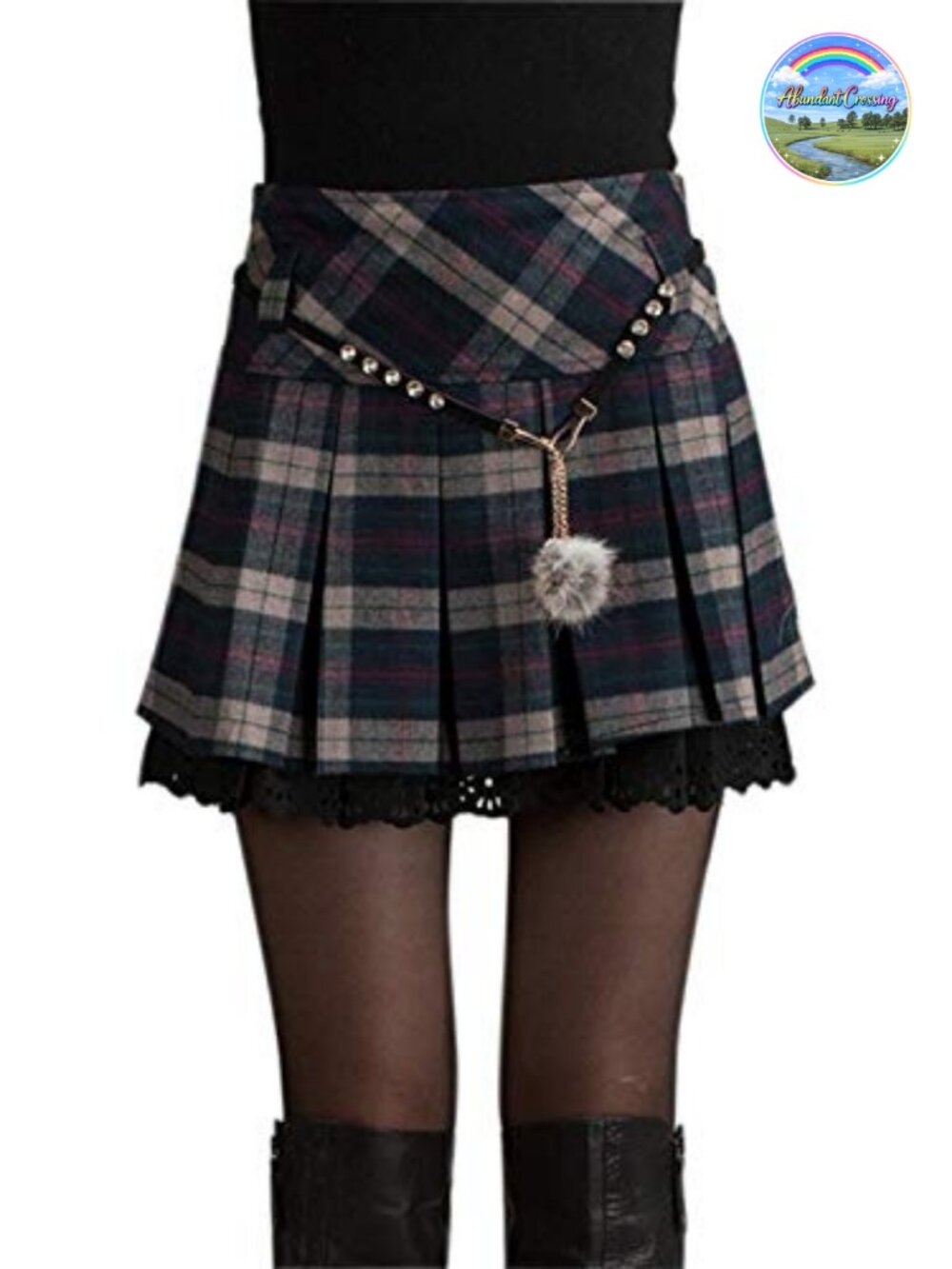 A-Line Plaid Pleated Skirt Side Zipper Mid Waist Womens